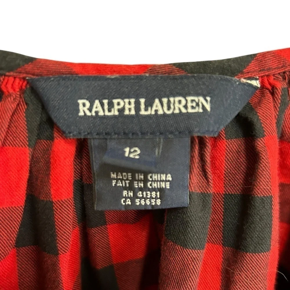 Polo Ralph Lauren Winter Peasant Top Blouse Size 12 Black Red Gingham
